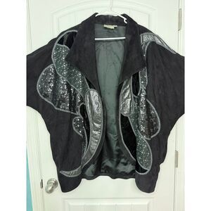 Judith Ann Plus 2X Vintage 80s 90s Beaded Sequin Suede Art Jacket Batwing Coat